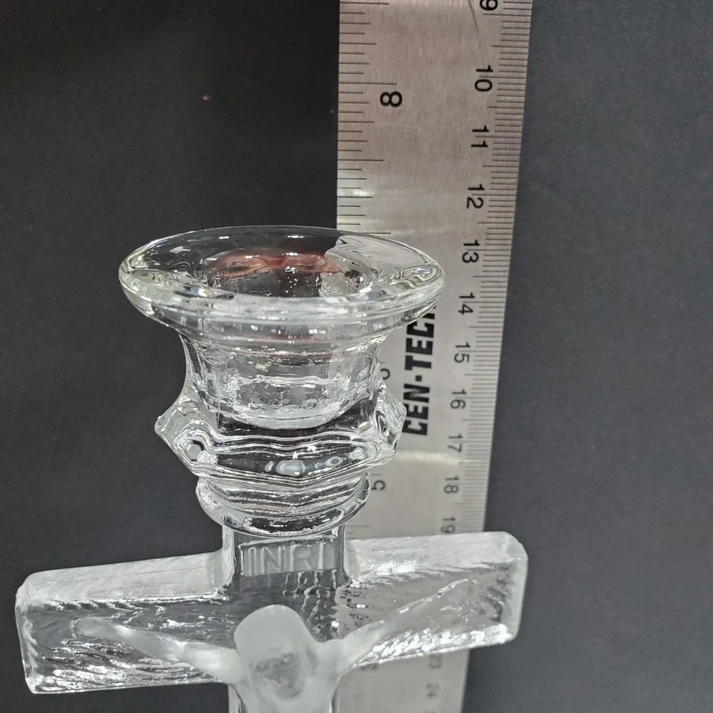 Crucifix Candlestick Holder Religious 7in Clear Frosted Glass v‎